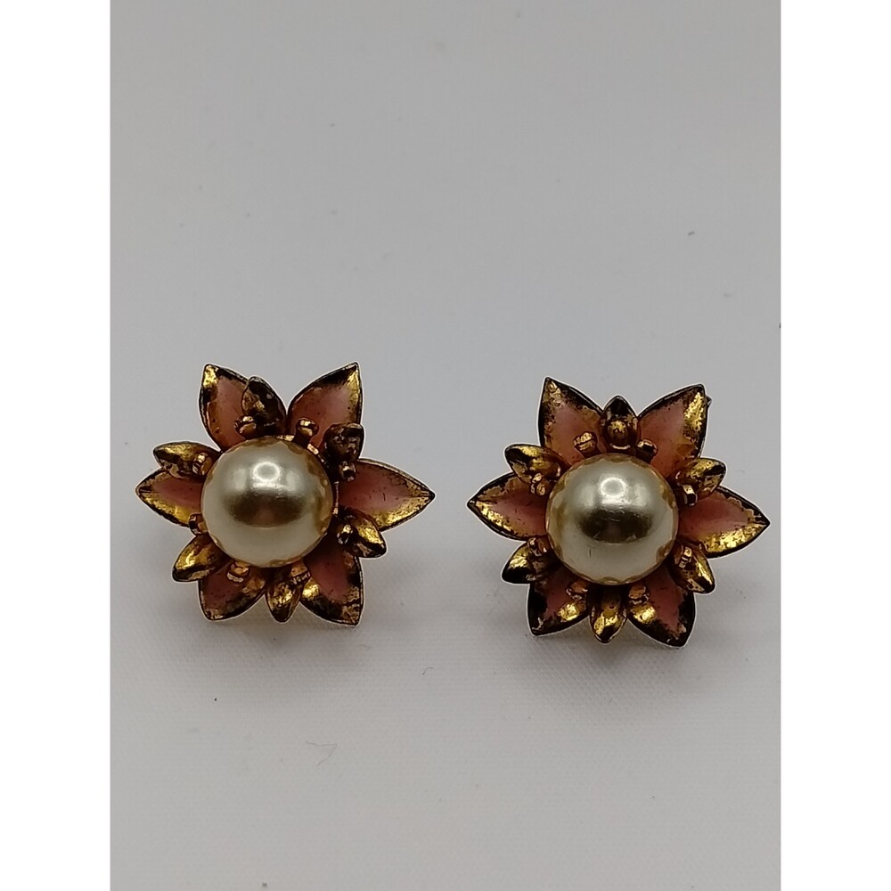 Vintage 1950's Floral Enameled Flower with Pearl Center Earrings
